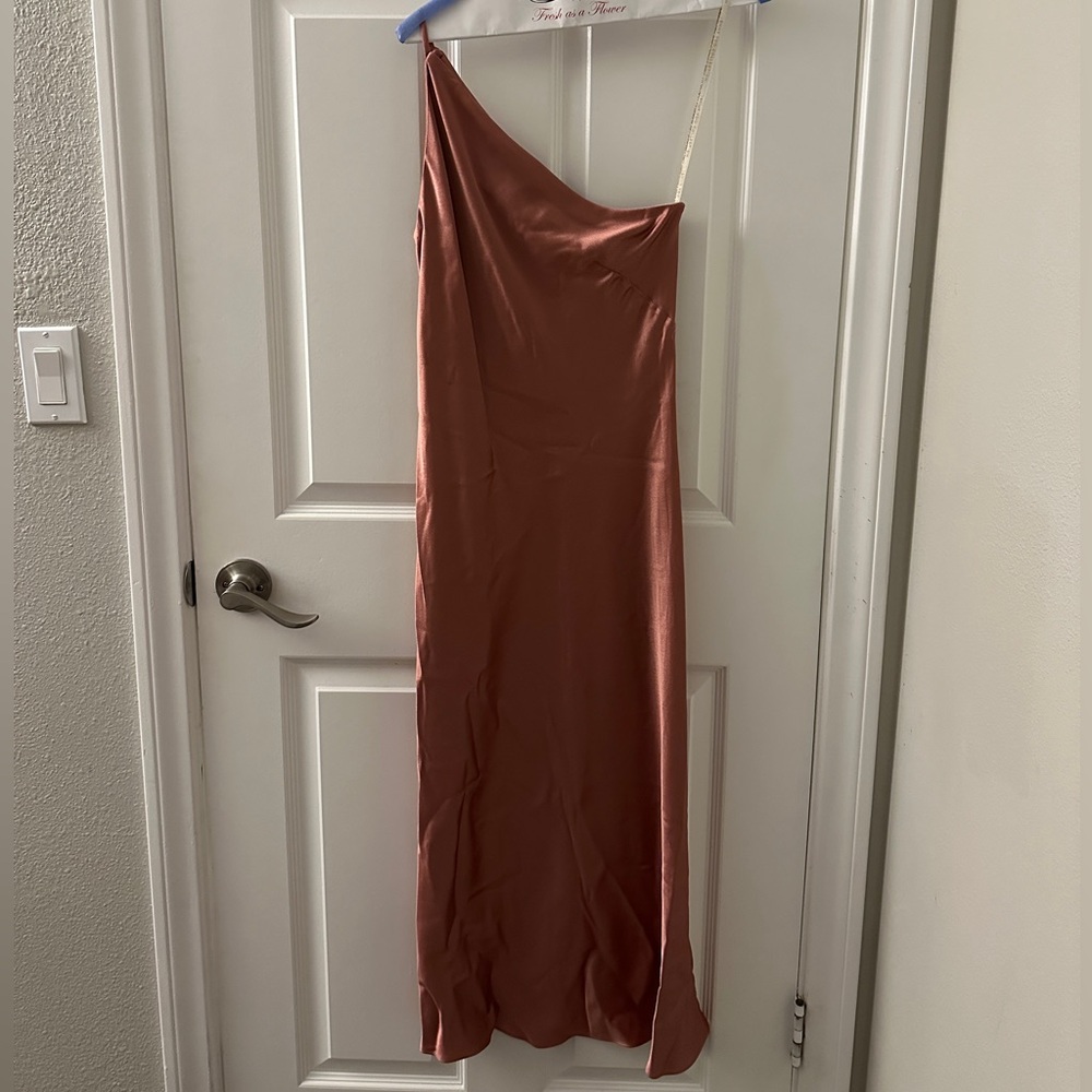 Jenny Yoo Abby One Shoulder Satin #Midi Dress in Wild Rose
